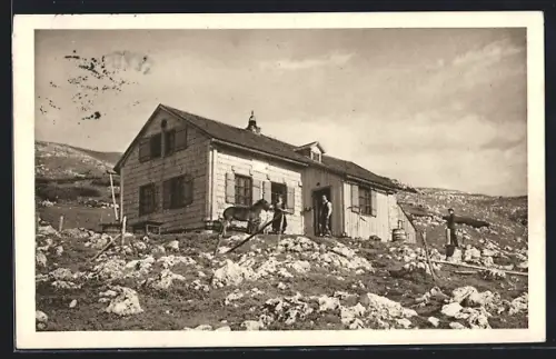 AK Graf-Meran-Schutzhaus /Hohe Veitsch, Berghütte, Maultier, Wirtspaar