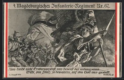 Künstler-AK 4. Magdeburgisches Infanterie-Regiment Nr. 67 im Sturm mit Germania, Nationalfarben-Banderolen