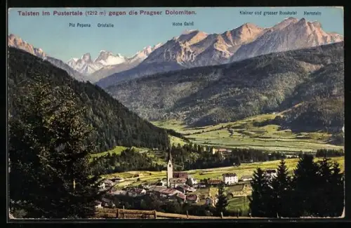 AK Taisten im Pustertale, Ortsansicht gegen die Pragser Dolomiten