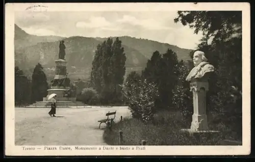 AK Trento, Piazza Dante, Monumento a Dante e busto a Prati