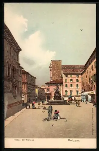 Lithographie Bologna, Piazza del Nettuno mit Brunnen