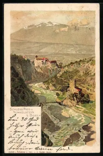 Künstler-AK Bozen, Schloss Ried und Runkelstein aus der Vogelschau