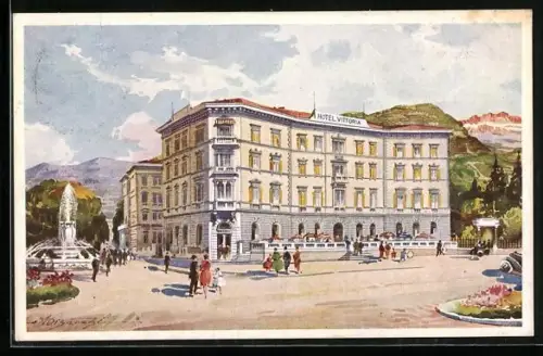 Künstler-AK Bolzano, Hotel Vittoria, Springbrunnen