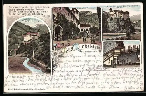 Lithographie Bozen, Burg Runkelstein mit Restaurant