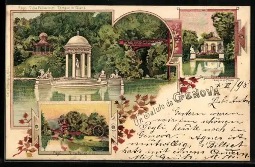 Lithographie Genua, Hotel Central, Pegli-Villa Pallavicini