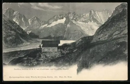 AK Pavillon Dollfuss, Berghütte mit Finsteraar- und Lauteraar-Motiv