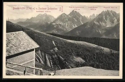AK Bonnerhütte /Sextener Dolomiten, Rothwand, Elfer, Drei Zinnen von der Hütte aus gesehen