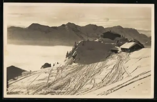 AK Pürschlinghäuser, Schneeidyll mit Blick zur Berghütte