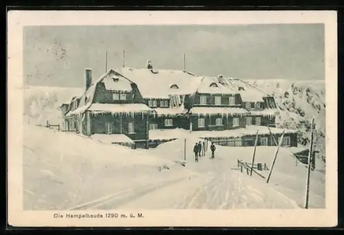 AK Hampelbaude /Riesengebirge, Berghütte im Winter