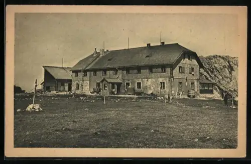 AK Karl Ludwighaus auf der Raxalpe, Esel vor der Berghütte