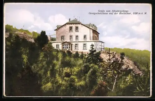 AK Georgschutzhaus auf der Hochschar, Blick zur Berghütte