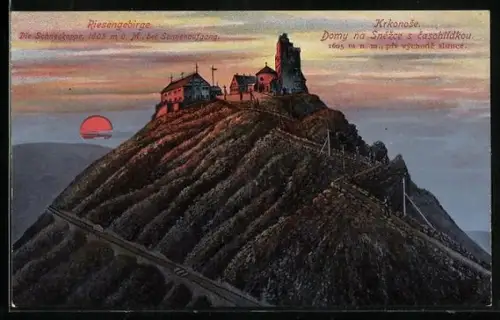 AK Schneekoppenhäuser, Idylle bei Sonnenaufgang