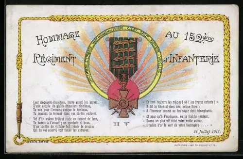 AK Hommage au 152. Regiment d`Infanterie, Eisernes Kreuz mit Eichenlaub