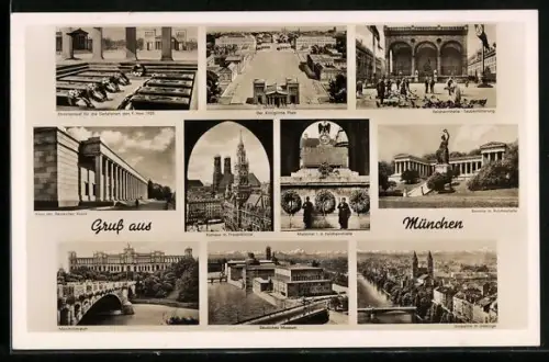 AK München, Feldherrnhalle, Ehrentempel für die Geafllenen d. 9. Nov. 1923 & Haus der Deutschen Kunst