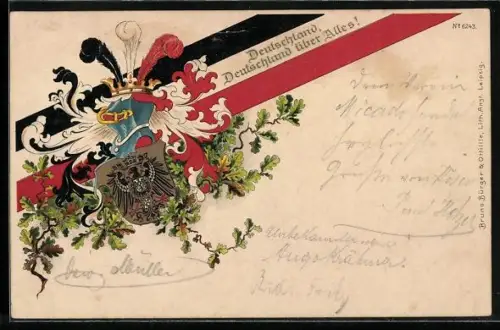 AK Deutschland, Deutschland über alles!, Fahne und Wappen mit Eichenlaub