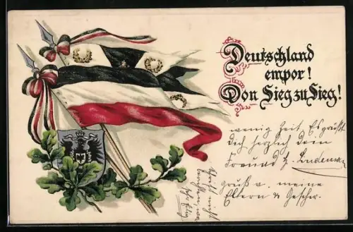 AK Deutschland empor! Von Sieg zu Sieg!, Flaggen, Wappen und Eichenblätter