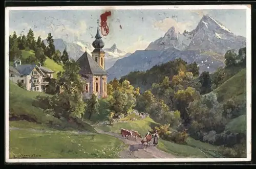 Künstler-AK Edward Theodore Compton: Gern gegen Watzmann, Bäuerin mit Kühen bei der Kirche
