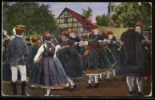 AK Paare beim Tanz auf der Schwälmer Kirmes, hessische Tracht