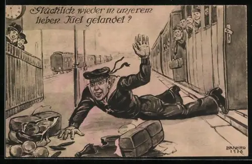 Künstler-AK sign. Bernhard: Kiel, Glücklich zurück, Matrose fällt aus dem Zugabteil