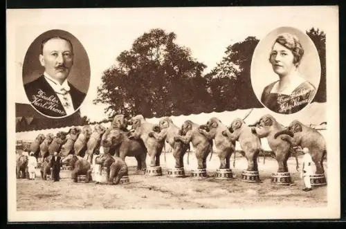 AK Circus Krone, Portraits vom Direktor Carl Krone und seiner Frau Ida, Elefantenshow