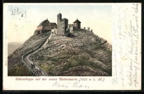 AK Schneekoppenhäuser, Schneekoppe mit der neuen Wetterwarte und der Laurentius-Kapelle