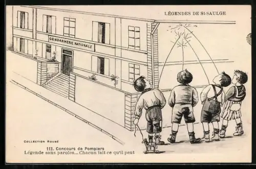 AK Concours de Pmpiers pendant la Guerre, Knaben pinkeln an Polizeigebäude