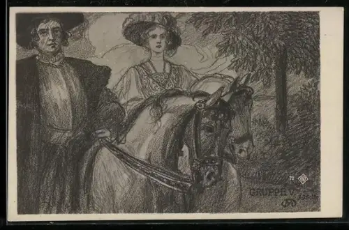 Künstler-AK Kaiserhuldigung, Gruppe V., Herr und Dame zu Pferd