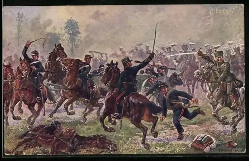 Künstler-AK Husaren der Armee des deutschen Kronprinzen erobern französische Geschütze bei Longwy am 22. August
