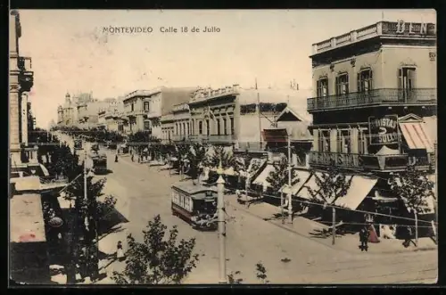 AK Montevideo, Calle 18 de Julio, Strassenbahn