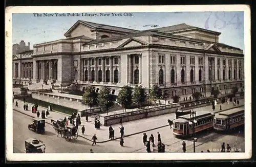 AK New York City, The New York Public Library, Strassenbahnen