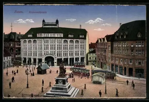 AK Essen, Kopstadtplatz mit Denkmal und Strassenbahn
