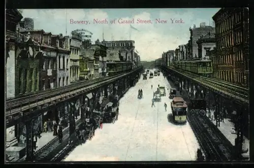 AK New York, Bowery, North of Grand Street, Strassenbahn