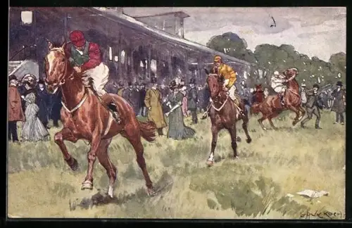 Künstler-AK Ludwig Koch: Jockeys mit ihren Pferden auf der Pferderennbahn, Pferdesport