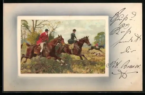 Künstler-AK Meissner & Buch (M&B) Nr.: 1553, Jäger auf Pferden reiten übers Feld