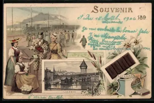 Lithographie Lucerne, Reklame für Suchard-Schokolade, Ortsansicht, Bahnhof mit einfahrendem Zug, Wappen