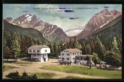AK Canazei, Gasthof Weisses Kreuz, Dolomitenstrasse, Tirol gegen Contrintal