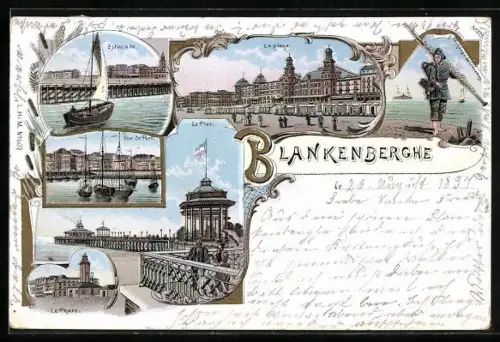 Lithographie Blankenberghe, La plage, Vue de Port, Le Pier