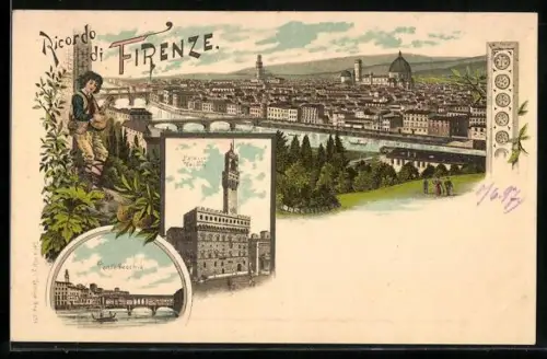 Lithographie Firenze, Ponte Vecchio, Palazzo Vecchio, Panorama