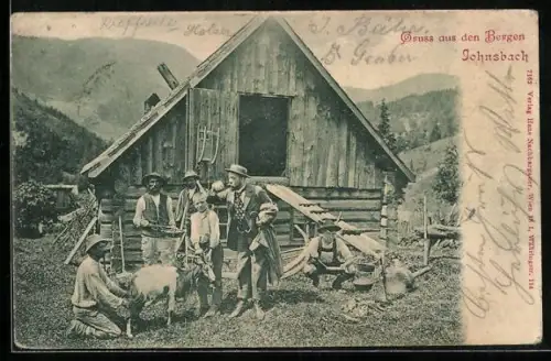 AK Johnsbach, Männer melken eine Ziege, Gruss aus den Bergen
