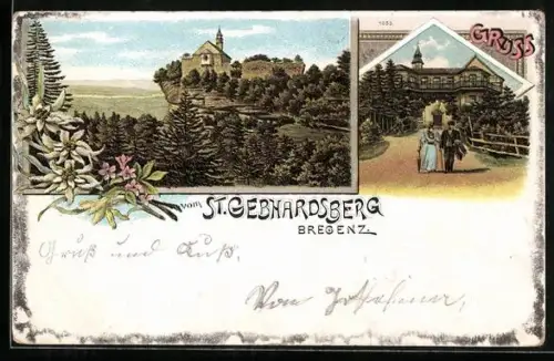 Lithographie St. Gebhardsberg, Wallfahrtskirche, Spaziergänger vor der Kirche