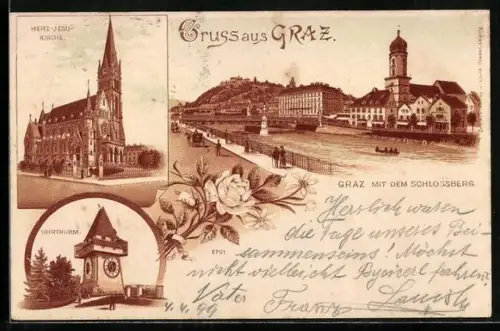 Lithographie Graz, Herz Jesu-Kirche, Uhrturm, Flusspartie mit dem Schlossberg