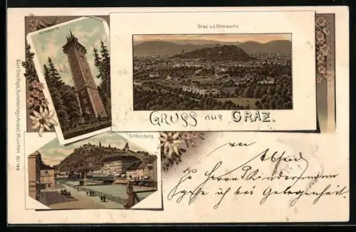Lithographie Graz, Ortsansicht v. d. Hilmwarte, Hilmwarte, Schlossberg