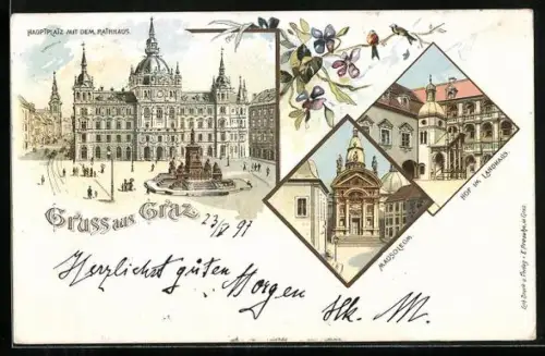 Lithographie Graz, Hauptplatz mit Rathaus, Mausoleum und Landhaus-Hof