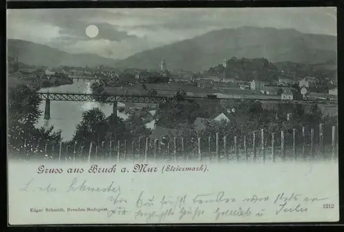 Mondschein-AK Bruck a. Mur, Teilansicht mit Flusspartie und Brücken