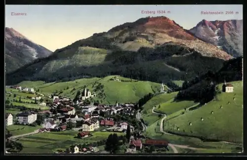AK Eisenerz, Ortsansicht mit Erzberg und Reichenstein