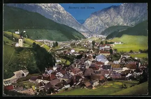 AK Eisenerz, Gesamtansicht mit Bahnhof und Eisenbahntunnel, Blick von Osten