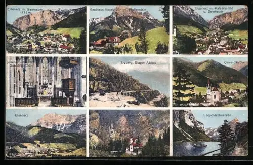 AK Eisenerz, Ortsansicht mit Seemauer, Innenansicht der Oswaldkirche, Schloss Leopoldstein
