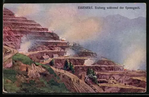 Künstler-AK Eisenerz, Erzberg während der Sprengzeit, Häuser, Leute