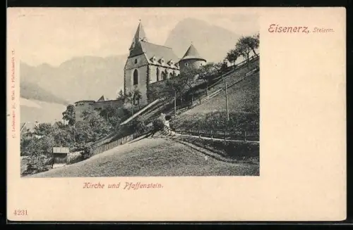 AK Eisenerz, Kirche und Blick zum Pfaffenstein