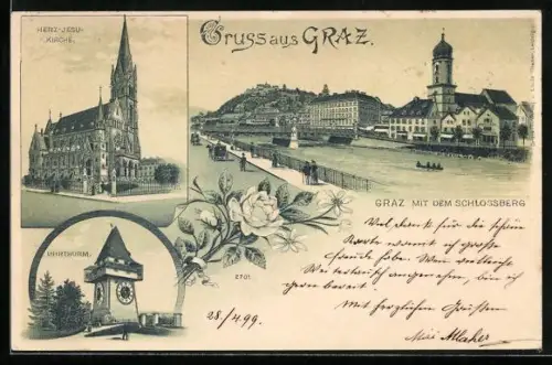 Lithographie Graz, Herz Jesu-Kirche, Uhrturm, Flusspartie mit dem Schlossberg